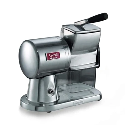Afbeelding van Ariete Gratì Superior 449, professionele elektrische kaasrasp van gegoten aluminium voor kaas, brood, chocolade, gedroogd fruit, inductiemotor, gemakkelijk te reinigen, 350 W, gepolijst zilver