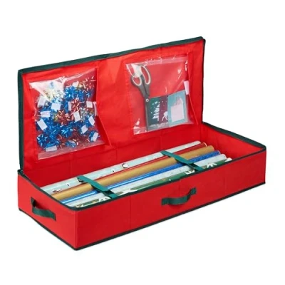 Afbeelding van Relaxdays cadeaupapier opberger 14,5 x 81 35 cm inpakpapier organizer rood zwart