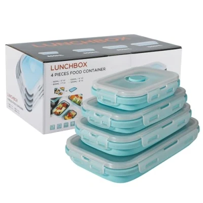 Afbeelding van 4 stuks opvouwbare vershouddozen van siliconen met deksel, draagbare lunchboxen voor buiten, ruimtebesparende picknickboxen, magnetronbestendig, vaatwasmachinebestendig en geschikt vriezen, lichtblauw