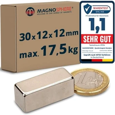 Afbeelding van 5 stuks rechthoekige neodymium magneten (NdFeB) 30 x 12 mm hechtkracht 17,5 kg sterke voor industrie en huishouden