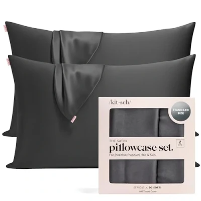 Image de Kitsch Lot de 2 taies d&#039;oreiller 100% satin avec fermeture éclair Plus douces que les en soie Pour cheveux et peau Rafraîchissantes Standard/Queen Anthracite