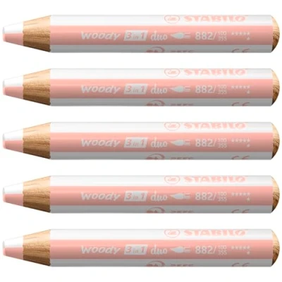 Afbeelding van STABILO woody Duo 3 in 1 kleurpotloden, aquarel en waskrijt, 5 stuks, tweekleurige vulling, wit/abrikoos
