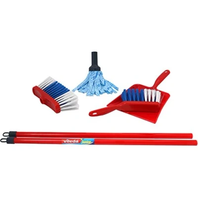 Afbeelding van Klein Toys Vileda 4 delige speelgoedschoonmaakset vloerwisser, bezem, stoffer en blik hoogwaardig kunststof rood blauw
