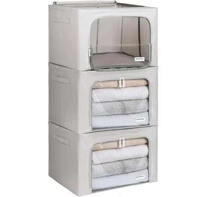 Afbeelding van Vaste opvouwbare kledingopbergdoos met ritssluiting, metalen frame opbergtas voor dekbedden, kleding, beddengoed stevige opbergdoos kleding stapelbare kledingdozen
