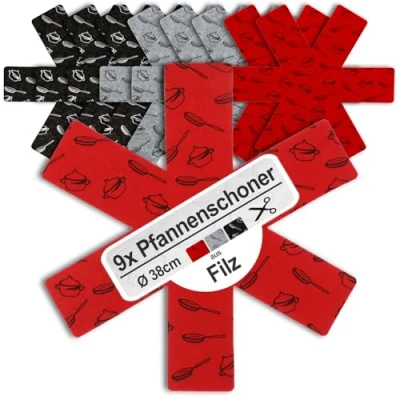 Afbeelding van COM FOUR® 9 x vilten pannenbeschermer ter voorkoming van krassen pannenbeschermingsmat ook voor potten en kommen (09 stuks grijs/rood/zwart)
