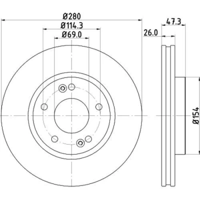 Afbeelding van HELLA PRO High carbon 8DD 355 129 711 Remschijf 280 26 05/07 114,3 interne ventilatie Gecoat Zonder wielbevestigingsbout, wielnaaf