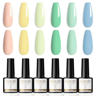 Afbeelding van ROSALIND semi permanente nagellak, pastelkleuren, 6 kleuren, uv gel, roze, geel, groen, blauw, UV/LED, French manicure, voor nail art, permanent, 8 ml