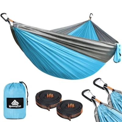 Afbeelding van NatureFun Ultralichte hangmat voor op reis, camping, 300 kg, draagvermogen, ademend, sneldrogend (300 x 200 cm) 2 hoogwaardige karabijnhaken, riemen inbegrepen binnen/buiten tuin