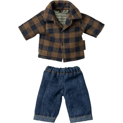Afbeelding van Maileg poppenkleding vader bruin geruit overhemd en denim broek 15 cm