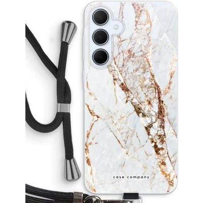 Afbeelding van Case Company® hoesje met Koord geschikt voor Samsung Galaxy A35 Goud marmer Telefoonhoesje Zwart Bescherming aan alle Kanten en Over de Schermrand