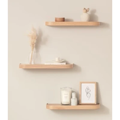Afbeelding van Kazai.® Étagère murale « Neva » 3 étagères flottantes en placage de bois naturel pour décoration et rangement dans salle bain, cuisine, salon, chambre plus Chêne, blanc