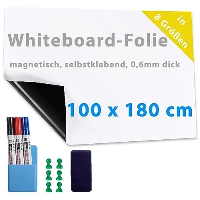 Afbeelding van Dynamic Wave 180 x 100 cm, magneetfolie zelfklevend whiteboard, kleine rol magnetische folie, wit, sterke mat, gemakkelijk te reinigen, magneetbord met accessoires