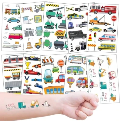 Afbeelding van 10 vellen tijdelijke tatoeages voor kinderen, tractor, politie, bouwvoertuig, jongens en meisjes, klein verjaardagscadeau