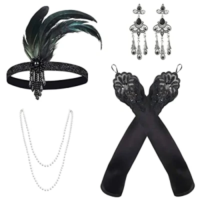 Afbeelding van MIVAIUN Gatsby kostuumset, 4 stuks, jaren 20, hoofdband, flapper, halsketting, oorbellen, lange zwarte handschoenen voor themafeesten (4 stuks)