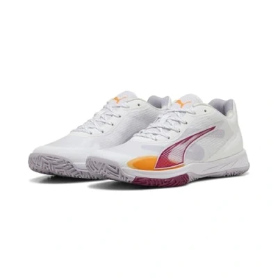 Afbeelding van Puma Accelerate Turbo 4 Handbalschoenen, Dames, Maat: 42.5, White/berry/lilac crush/heat fire Textiel/ synthetisch