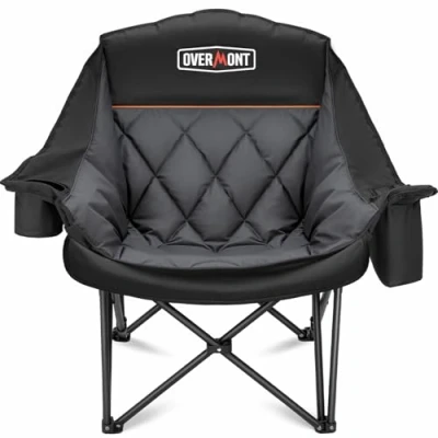 Afbeelding van OVERMONT Oversized XL campingstoel voor volwassenen Gewatteerde opvouwbare stoel met versterkte steun, 204 kg bekerhouder en zijvak sport, tuin, strand, vissen, gazon, donkergrijs