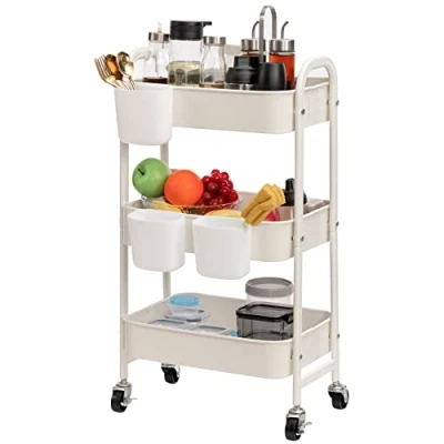 Afbeelding van DOEWORKS Metalen opbergwagen, keukenwagen met 3 niveaus, rolwagen kopjes, opbergrek voor keuken, badkamer, slaapkamer, kantoor, wit kopjes