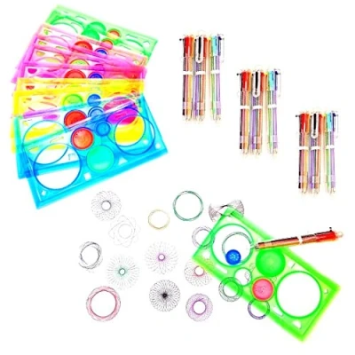 Afbeelding van JZK 20 x herbruikbare kunststof tekening spirograph set, 10 stuks soeverein + veelkleurige balpen voor handwerk kinderen volwassenen verjaardag party tas meisje