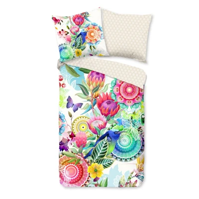 Afbeelding van Satijnen Dekbedovertrek 155x220 cm Bloemen en Vogels Print Multicolor 1 Persoons 100% Katoen Satijn