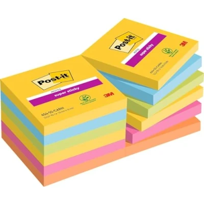 Image de Post it Super Sticky Notes, Couleurs Carnival, Pack de 12 Blocs, 90 Feuilles par Bloc, 76 mm x mm, Jaune, Bleu, Vert, Rose, Orange Notes Adhésives pour Prise et Listes Tâches