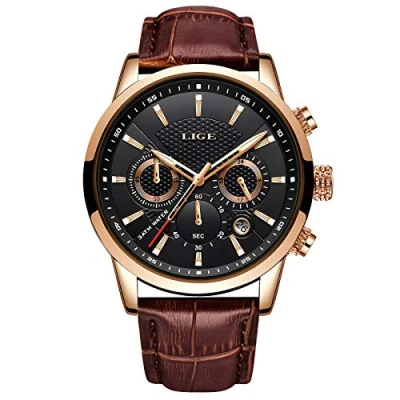 Afbeelding van Modieuze herenhorloges van Lige, roestvrij staal, analoge quartz, sport, chronograaf, witte wijzerplaat, klassieke lederen horlogeband., riem