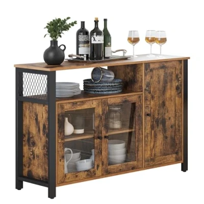 Afbeelding van VASAGLE LSC096B01 opbergmeubel, met schap, kast, 3 deuren, voor eetkamer, woonkamer, keuken, 110 x 33 75 cm, industriële stijl, rustiek bruin en zwart