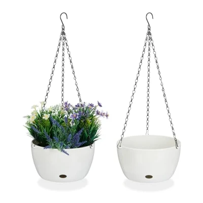 Afbeelding van Relaxdays hangpot met opvangbakjes set van 2 bloempotten binnen &amp; buiten afvoergat