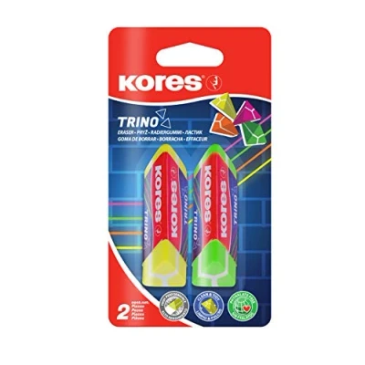 Afbeelding van Kores Trino: gekleurde pvc gum met papierband voor kinderen, scholieren en volwassenen, niet giftig geschikt school kantoorbenodigdheden, 60 x 20 18 mm, 2 stuks