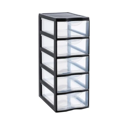 Afbeelding van SUNDIS Orgamix Opbergtoren van kunststof, zwart, 5 transparante laden, A4 papier, hoogte 61 cm, ideaal voor kantoor, cursus, documenten, benodigdheden, accessoires