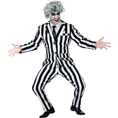 Afbeelding van Widmann Horror Films Kostuum Streepjes Beetlejuice Spook Man Zwart / Wit Medium Halloween Verkleedkleding