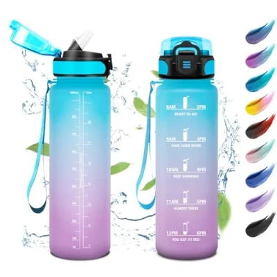 Afbeelding van Sportfles, 1 liter, waterfles met tijdweergave, motiverende drinkfles rietje, lekvrij, gemakkelijk te reinigen, sportfles voor school, camping, reizen