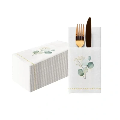 Afbeelding van PAW Decor Collection Papieren servet, Airlaid (1/8 pocket), bladeren, eucalyptus, goudkleurig, decoratie, voor verjaardagen, bruiloften en doopfeesten, stoffen structuur, gouden eucalyptus