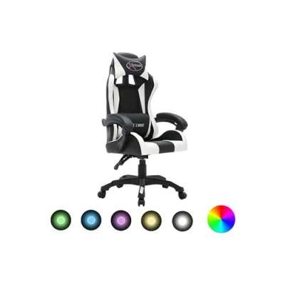 Afbeelding van Racestoel met RGB LED verlichting kunstleer wit en zwart