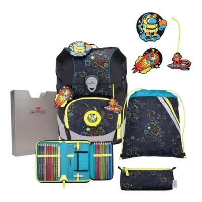 Afbeelding van DerDieDas Schooltas ErgoFlex Tiny Exklusiv LED Schulranzenset 5 delig Crazy Zwart