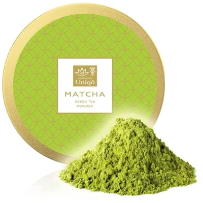 Image de Tea Uniqo matcha en poudre à base de Thé vert pour latte, glace, aux perles ou pâtisserie japonais 100 % naturel dans une boîte refermable