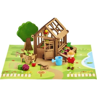 Afbeelding van The Gardener&#039;s Greenhouse 40 delig JEUJURA Natuurlijk houten constructiespel, mat en accessoires inbegrepen, 22x18,5x8,5 cm