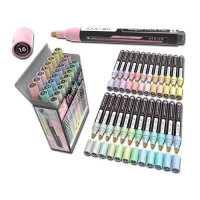 Afbeelding van Set van 24 acrylmarkers, speciale kleuren, voor schilderen op steen, kiezelsteen, kunststof, canvas, glas, ondoorzichtig, waterbasis, sneldrogend, medium pastel