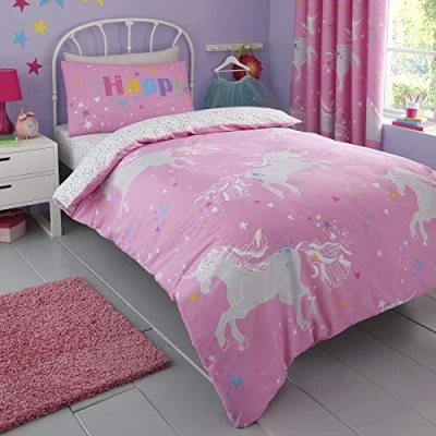 Afbeelding van Bedlam Kids Unicorn Glow In The Dark Print Omkeerbare Dekbedovertrek Set, 2 stuks, Multi, Single, Neon Roze