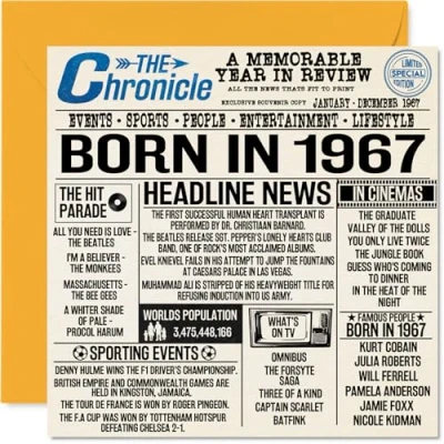 Image de Stuff4 Cartes de 57e anniversaire pour homme et femme Journal Born In 1967 Carte d&#039;anniversaire maman, papa, oncle, tante, vintage, rétro, Back 1967, 145 mm x mm, Fifty Seven Septième