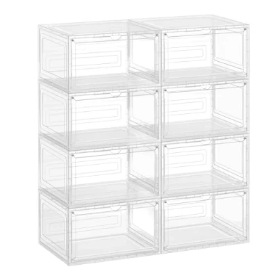 Afbeelding van SONGMICS LSP508W01 Set van 8 stapelbare schoenendozen transparante kunststof met deur, 33 x 28,5 19,2 cm, voor schoenen tot maat 46, transparant wit
