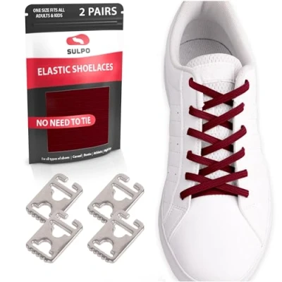 Afbeelding van SULPO 2 paar veters zonder knopen, chique snelvetersysteem, elastische veters, vervangende lussen, voor alle schoenen, Donker rood