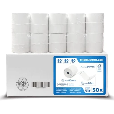 Afbeelding van Thermorollen 80 mm x 12 mm, thermisch papier (80 12) 48 g, gecertificeerd voor kassaprinters zoals Epson, IBM, Metapace en nog veel meer, premium BPA vrij