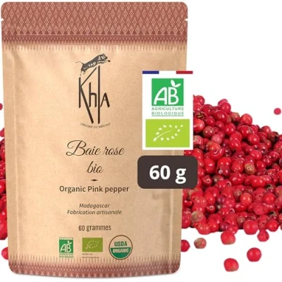 Afbeelding van Khla Madagaskar roze bessen 60 g Biologisch gecertificeerd Hele Premium kwaliteit Bourbon Rose Peper Zoete en fruitige smaak Direct Kruid Producer Herkomst
