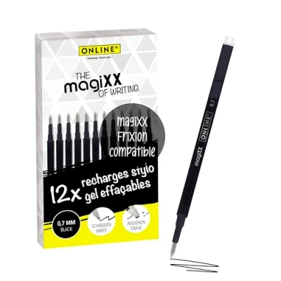 Afbeelding van Online 12 x zwarte uitwisbare rollerbalpen, compatibel met magiXX, Frixion enz., voor gelpennen, medium punt, navulbaar