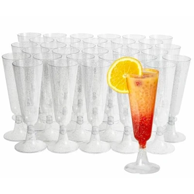 Afbeelding van MATANA 50 Champagneglazen (130 ml, Kunststof) met Zilveren Glitter Herbruikbare Feestglazen Plastic Ideaal voor Bruiloften, Buffet, Catering