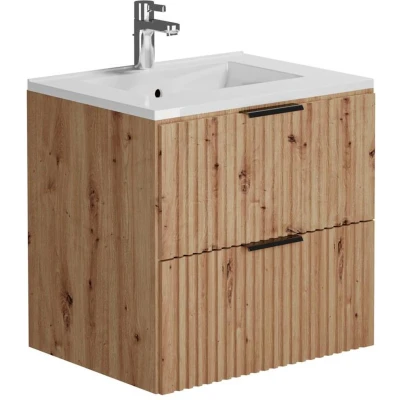 Afbeelding van Hangend, geribbeld wastafelmeubel met inbouwwastafel Lichte houtlook 60 cm ZEVARA L x H 57 D 46