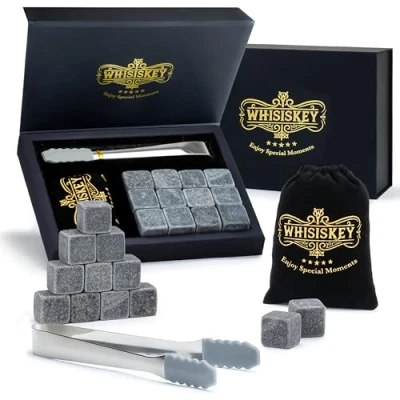 Afbeelding van Whisiskey Luxe Whiskey Stones Set 12 stuks Natuursteen Stenen Voor Glazen IJsblokjes Ijstang Fluwelen Opbergzak Herbruikbare IJsklontjes Steen Ice Cube