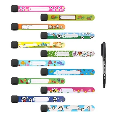 Afbeelding van Vicloon 12 stuks veiligheidsarmband + marker, armband voor het identificeren van kinderen, noodarmband anti verlies, herbruikbaar, waterdicht