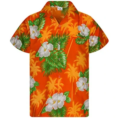 Afbeelding van King Kameha Funky Hawaïhemd voor heren, korte mouwen, voorzak, Hawaii print, Kleine bloemenprint, Bloem Oranje