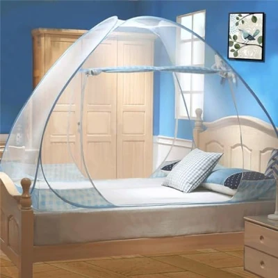 Afbeelding van Digead Klamboe voor bed, opvouwbaar, draagbaar, reizen, muggennet, dubbele deur, camping, muskietennet, 180 x 200 cm, koepelvormig eenvoudige installatie, blauwe rand